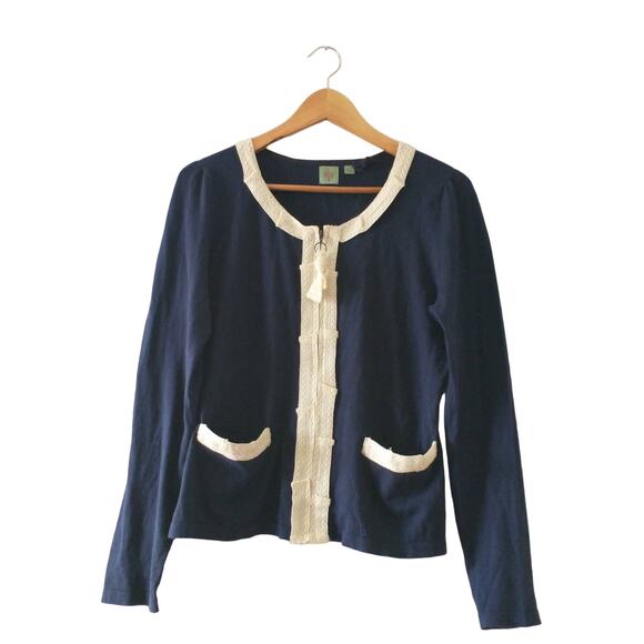 Anthropologie HWR Women's Navy Lace Cardigan Large Preppy Cottage Career - Picture 7 of 11
